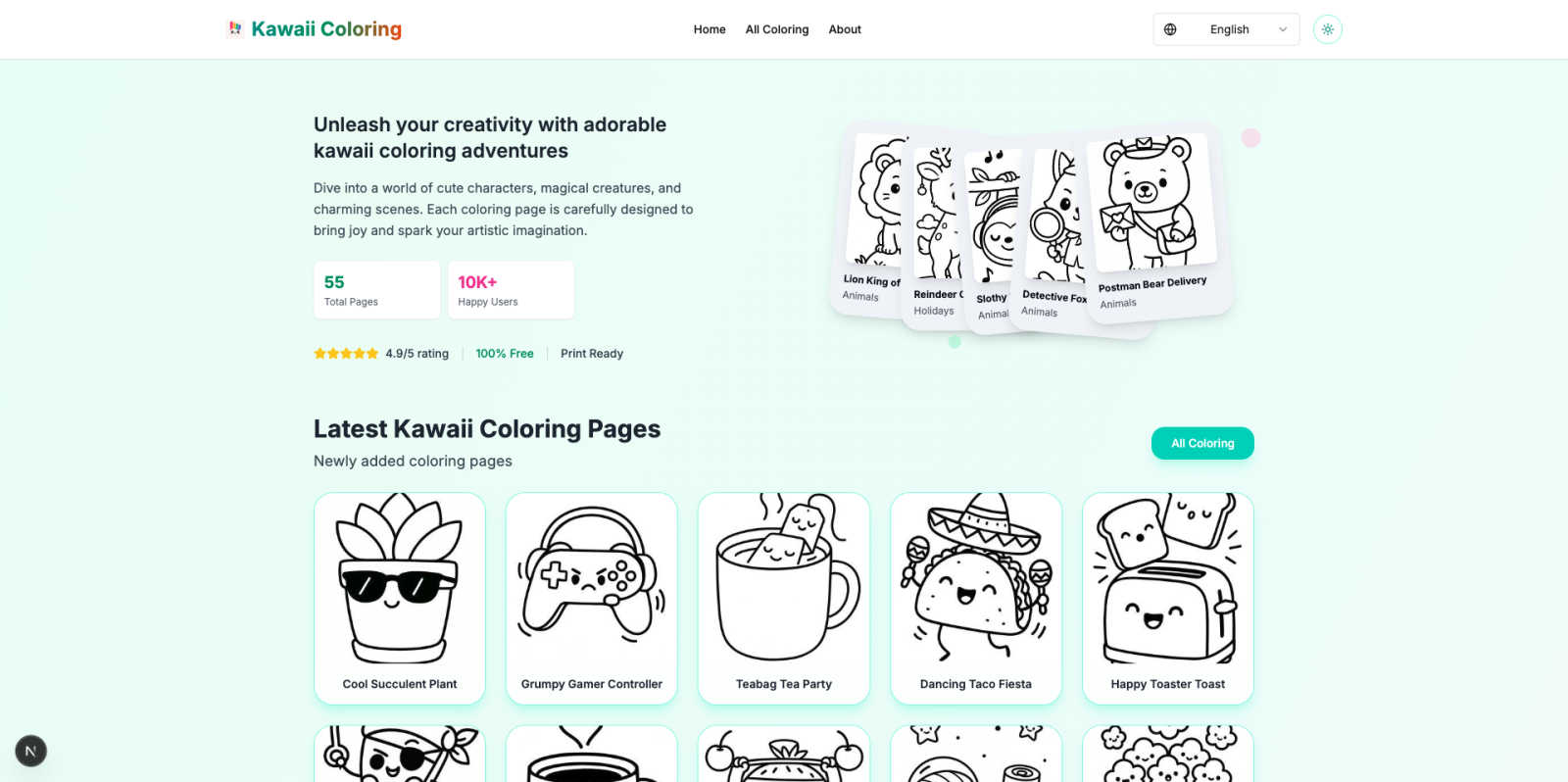 Kawaii Coloring Pages application interface and features