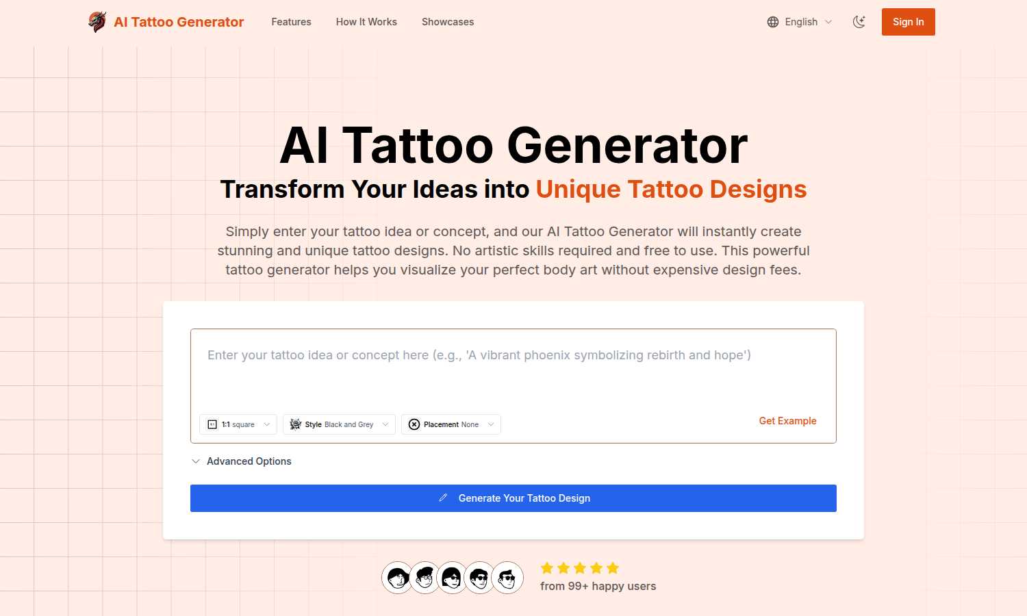 AI Tattoo Generator application interface and features