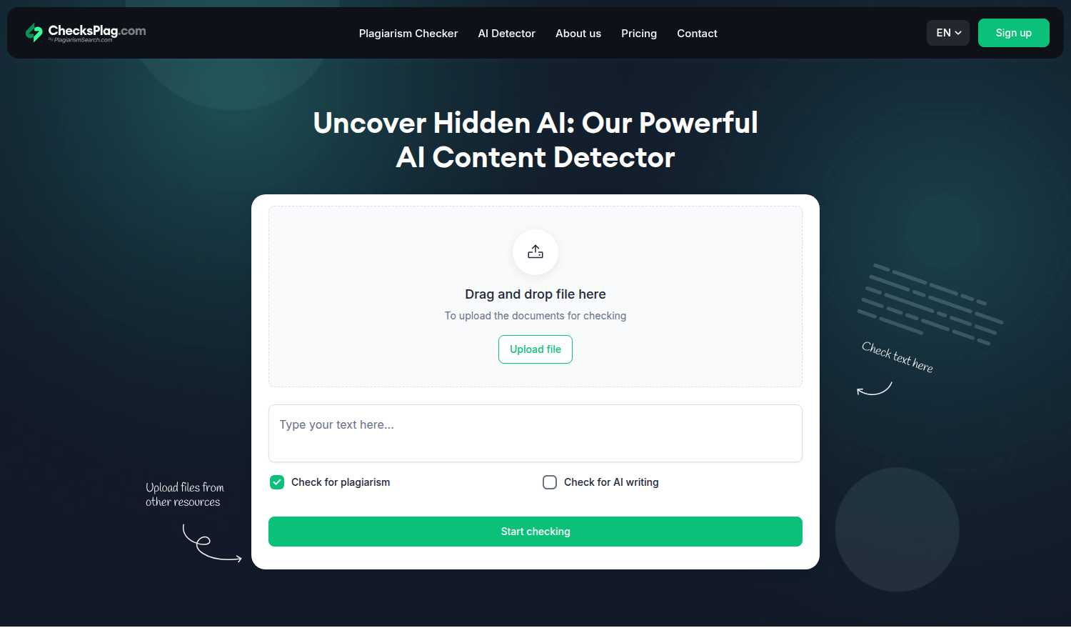 ChecksPlag.com application interface and features