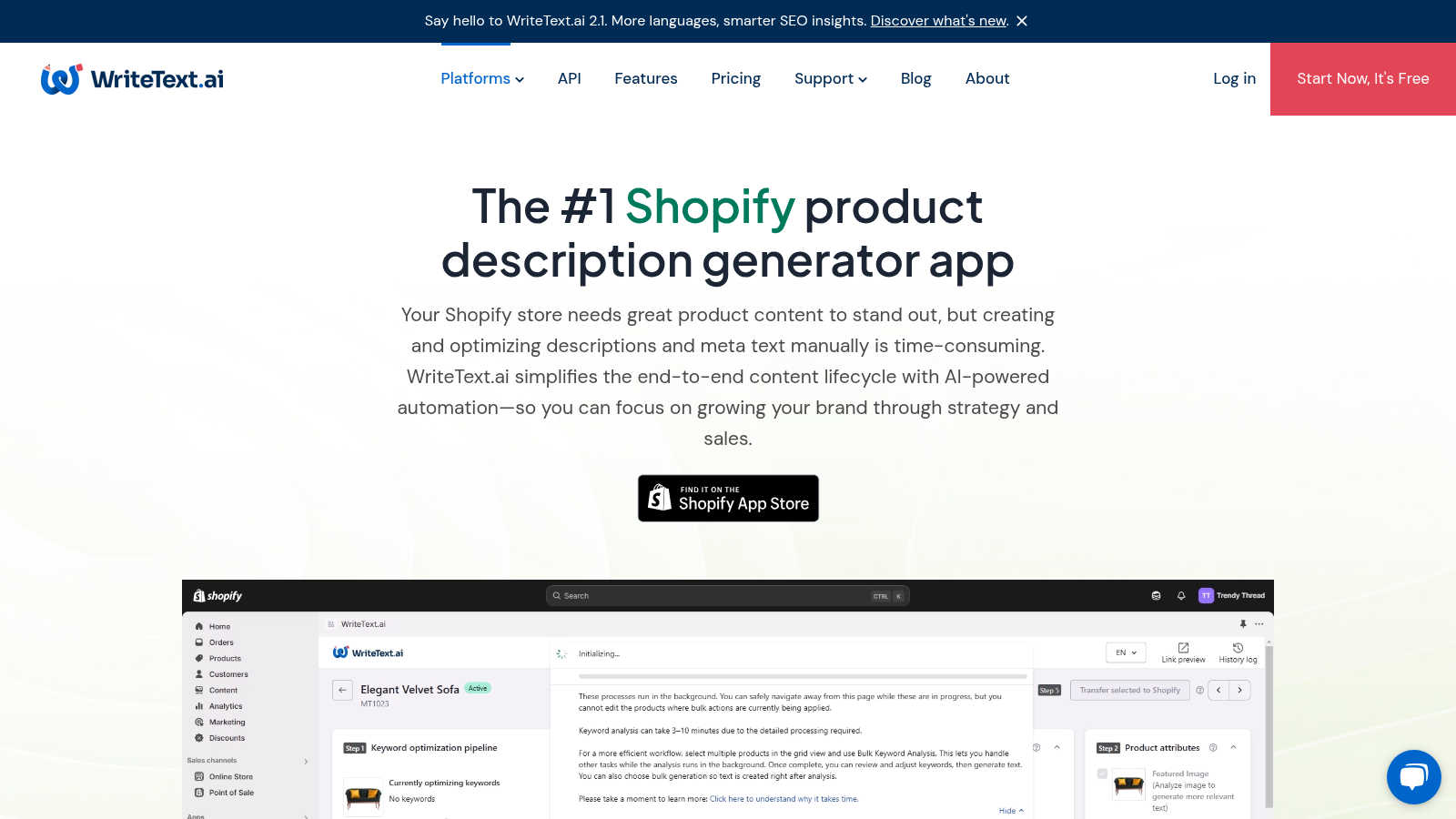 WriteText.ai for Shopify application interface and features
