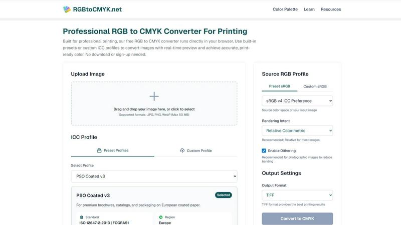 RGB to CMYK Converter application interface and features